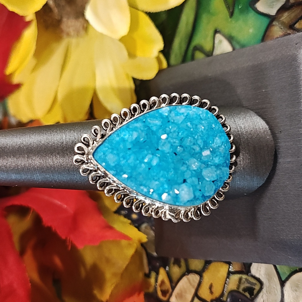 Calcite Blue Dyed (Druzy) Silver Gemstone Ring - Size 9 1/2